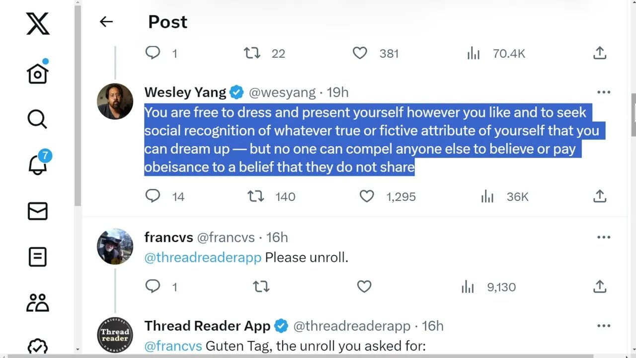 你可以自由地按照你喜歡的方式穿著和展示自己，並尋求社會對你可以想像的任何真實或虛構的屬性的認可——但沒有人可以強迫其他人相信或敬拜他們不認同的信念