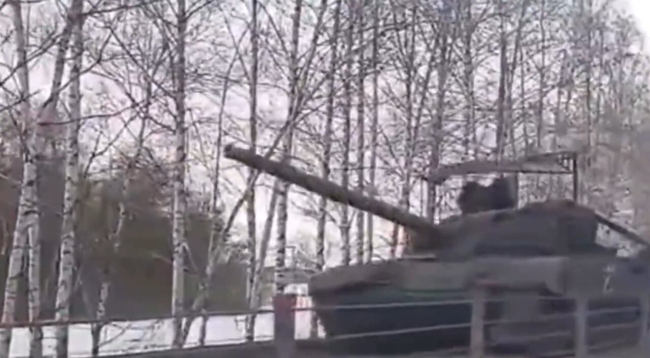 Tank with Metal Cage belonging to the Russian Federation on its way to Ukraine