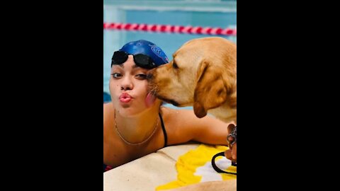 Most loyal dog ever sits on the edge of the pool the whole hole time his Paralympic swimming.🥰🐕