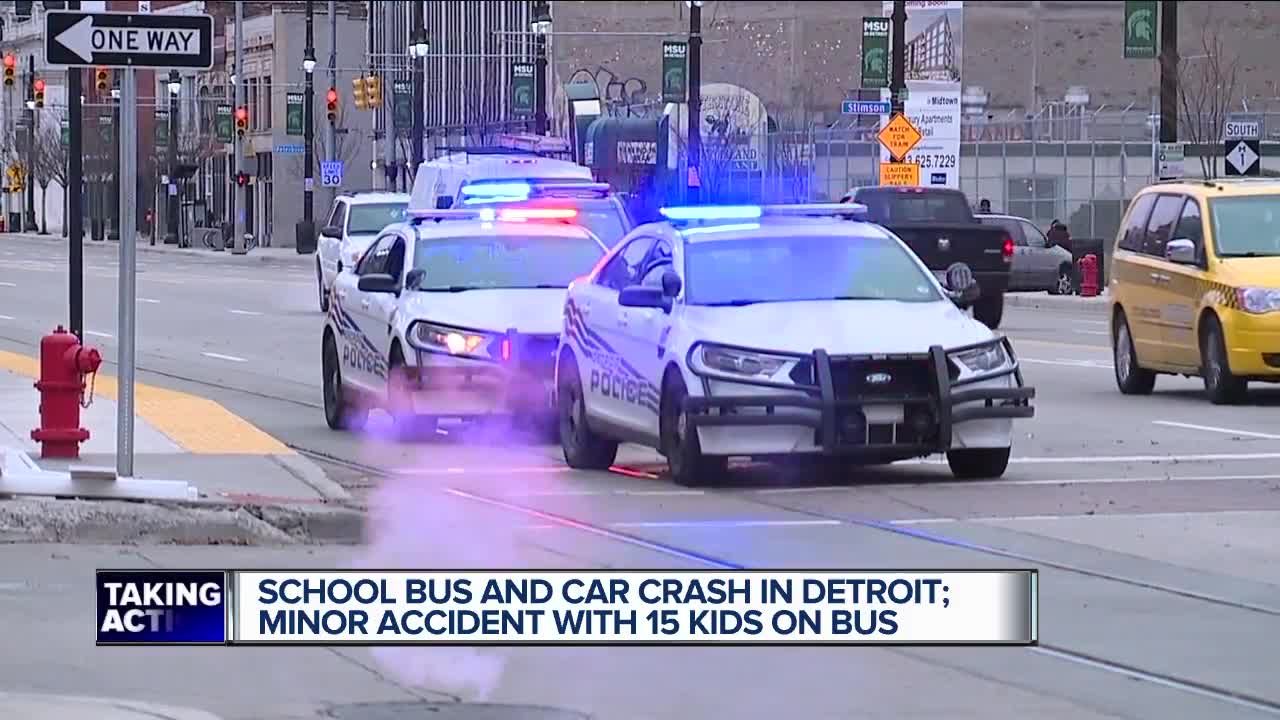 School bus and car crash in Detroit; minor accident with 15 kids on bus