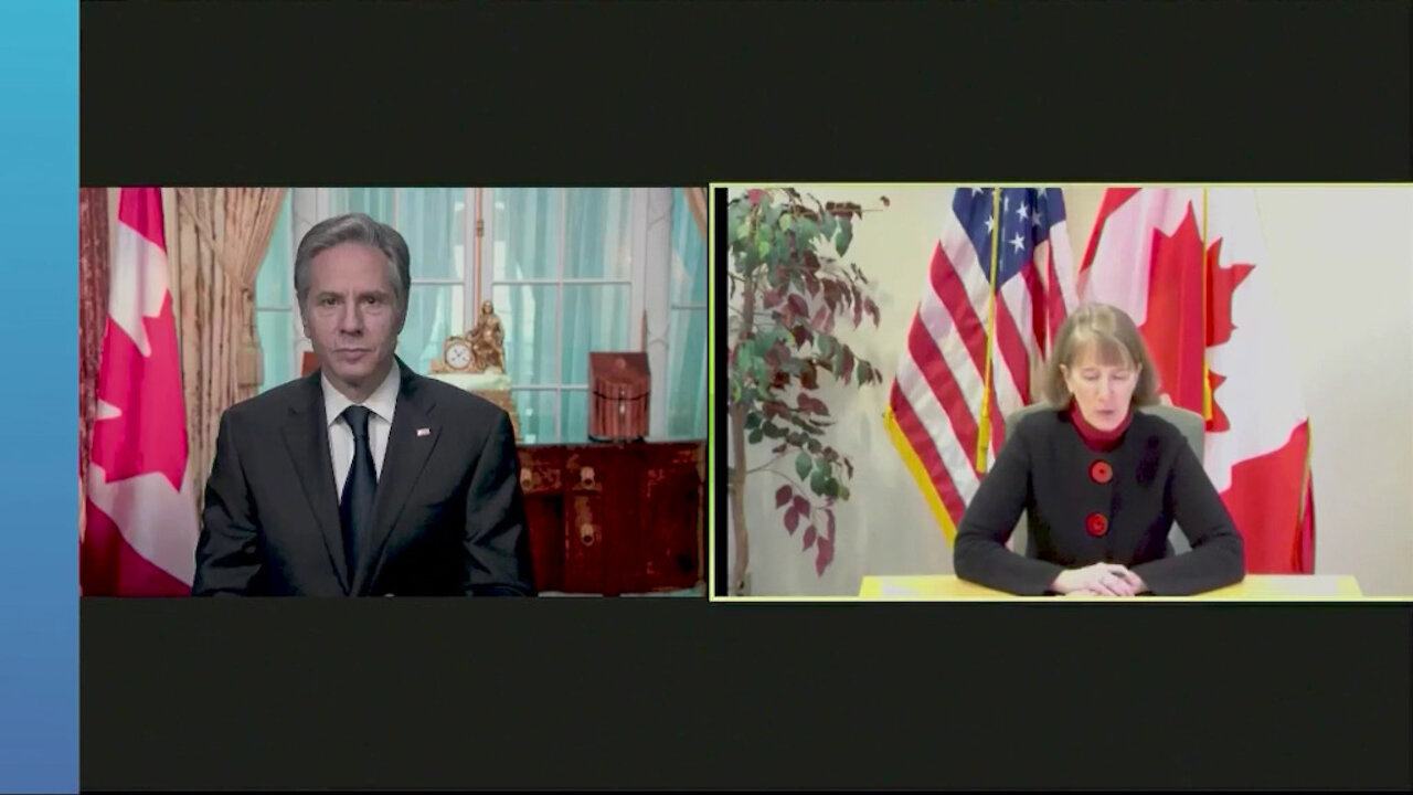 Secretary Blinken delivers a prerecorded greeting to U.S. Mission Canada staff,