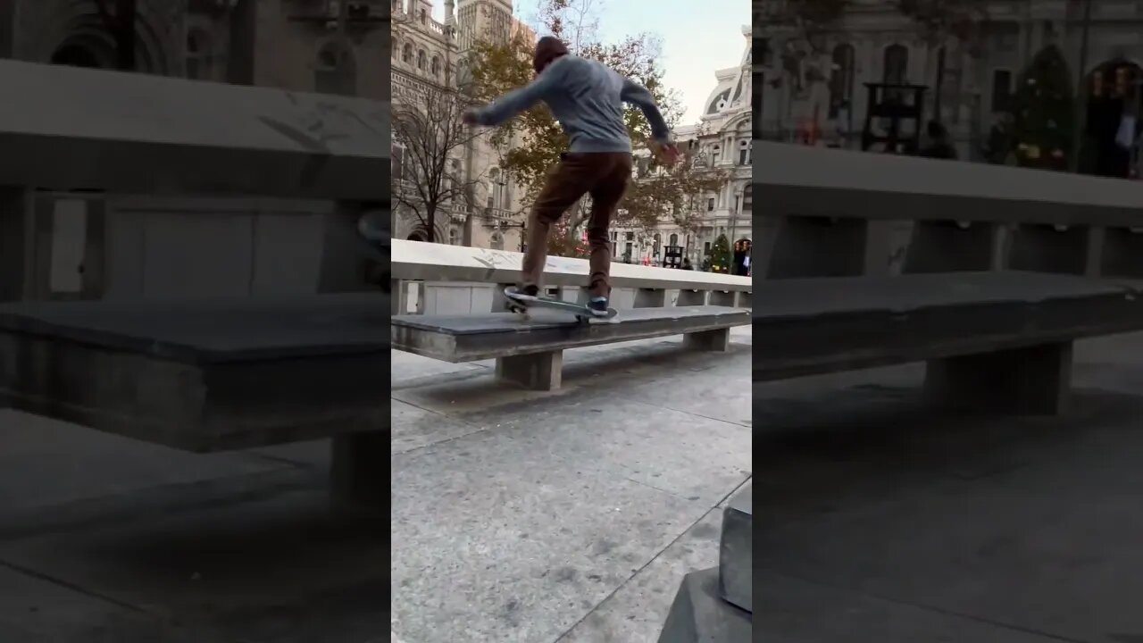 50-50 front board shuv out on muni bench in Philly #skateboarding #skate