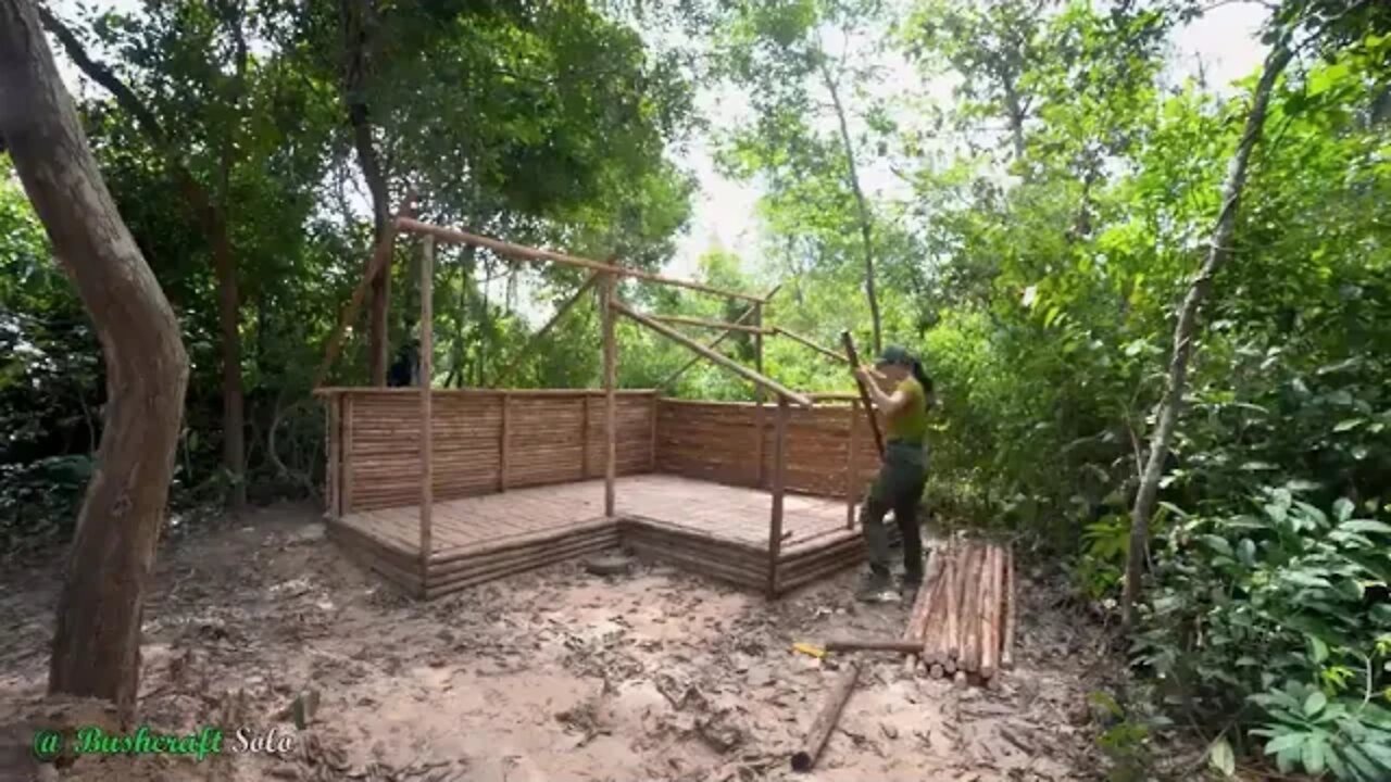 90 Day Alone Building Log Cabin with Grass Roof And a Swimming Pool ~ 20