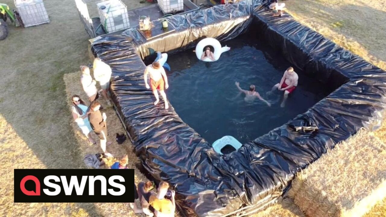 Students make DIY swimming pool using hay bales to beat heatwave