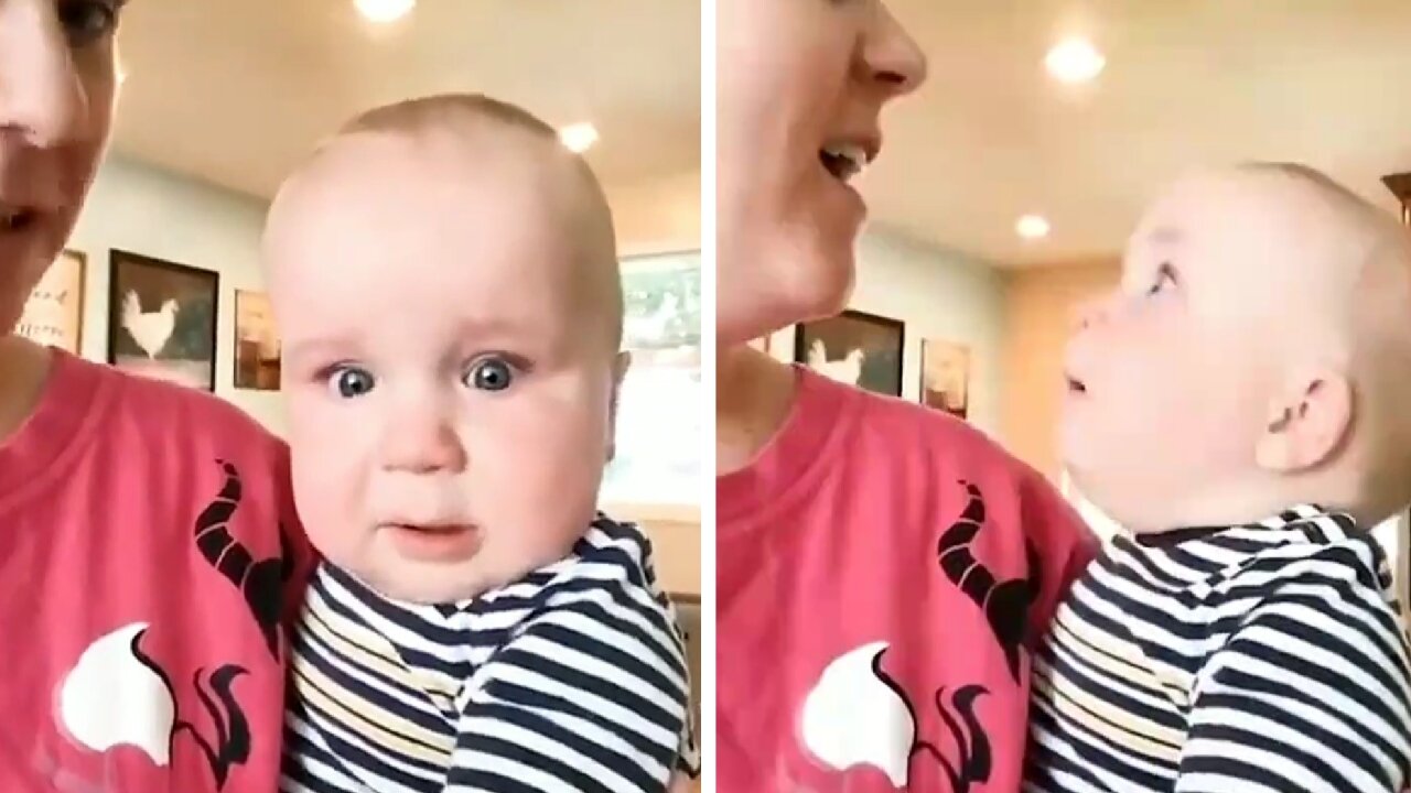 Baby gets scared and cries with his mother's singing