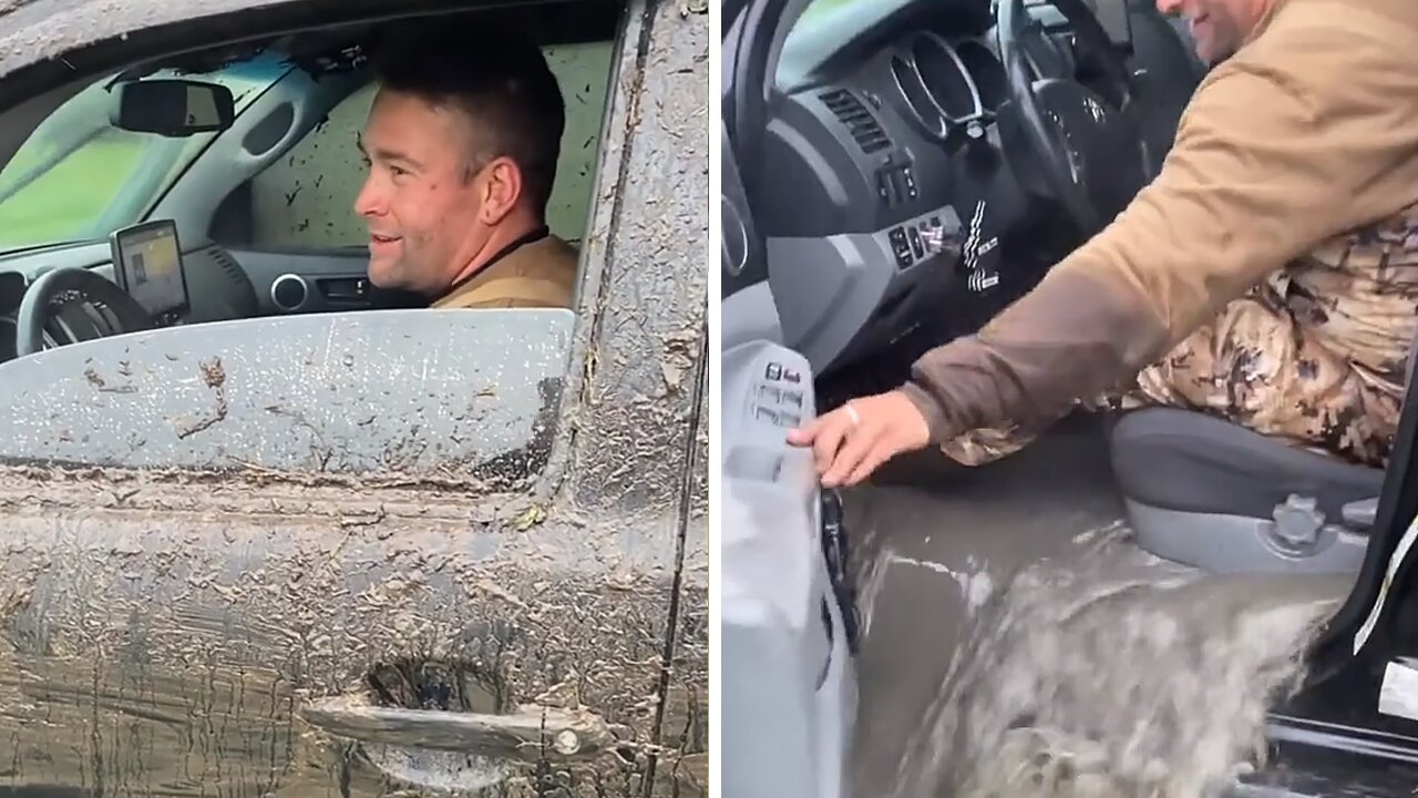 Insane amount of water pours out from inside vehicle