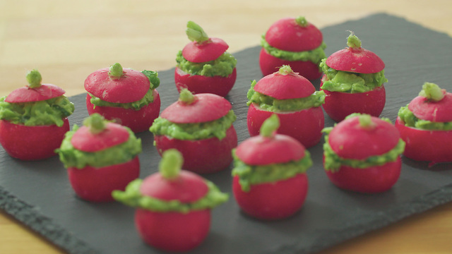 Xanthe Clay’s radish canapés filled with pea guacamole