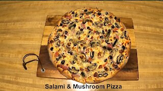 Salami and Mushroom Pizza. Quick, Healthy and Easy Homemade Pizza Recipe and Pizza Dough