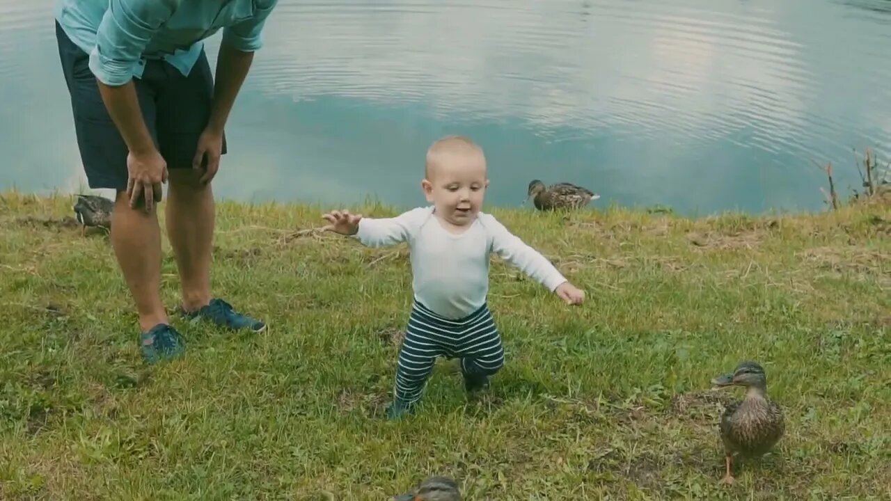 Father and little boy by the lake in summer