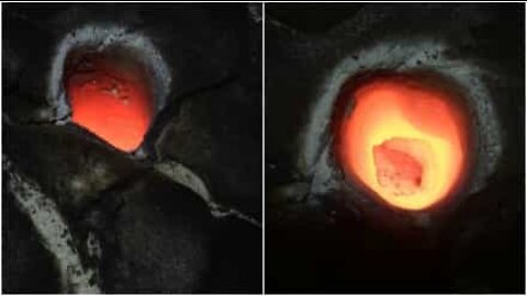 La lave fait fondre une arbre...il n'en reste qu'un trou