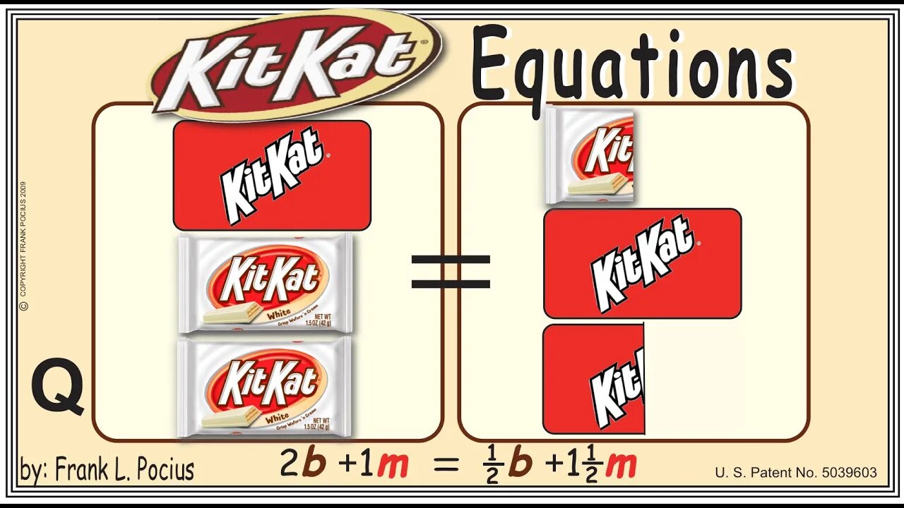 VISUAL KITKAT WHITE 2b+1m=0.5b+1.5m EQUATION _ SOLVING EQUATIONS _ SOLVING WORD PROBLEMS