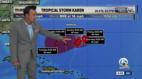 Tropical Storm Karen slightly stronger but forecast to become a remnant low in a few days