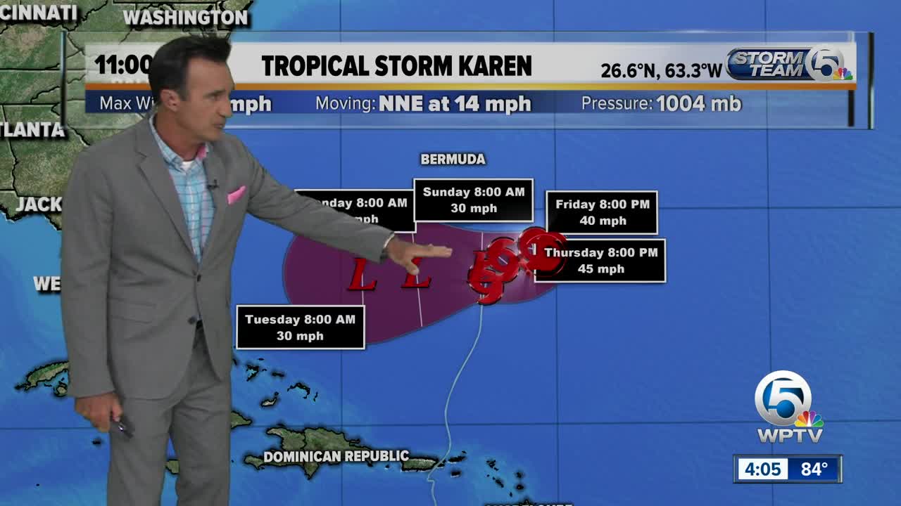 Tropical Storm Karen slightly stronger but forecast to become a remnant low in a few days