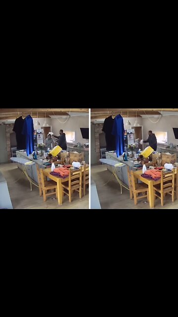 Girl hilariously hits her head on the fridge after playful fight with dad