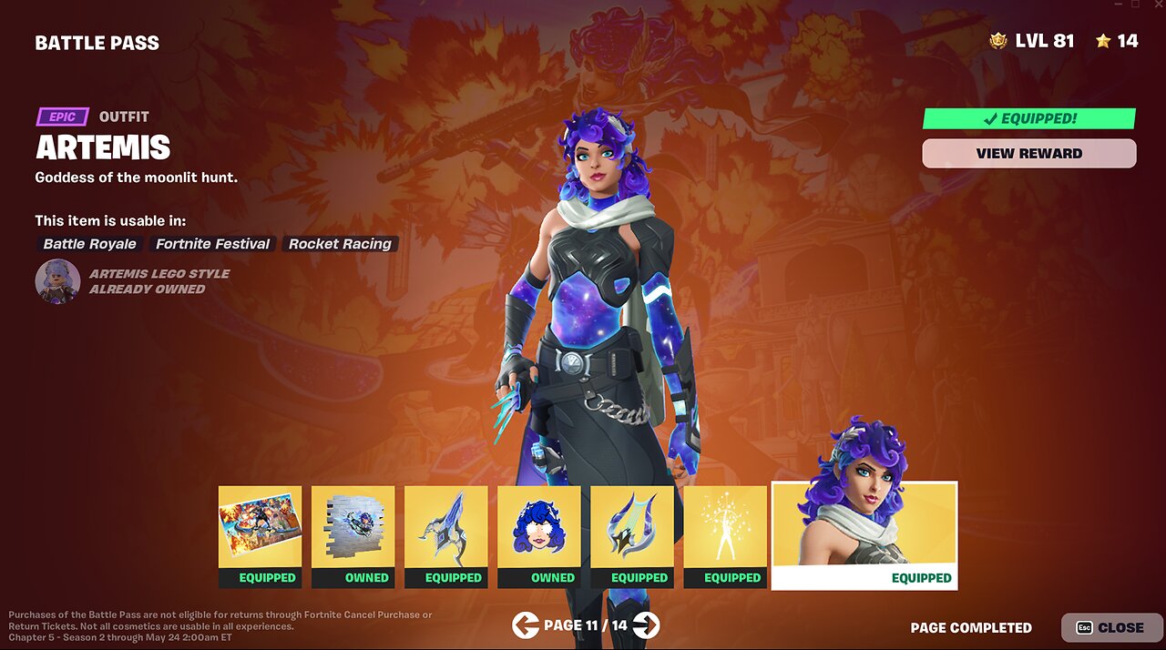 Fortnite | Battle Pass Reward | Page 11 | Artemis | Outfit Unlock | View Styles | C5S2.