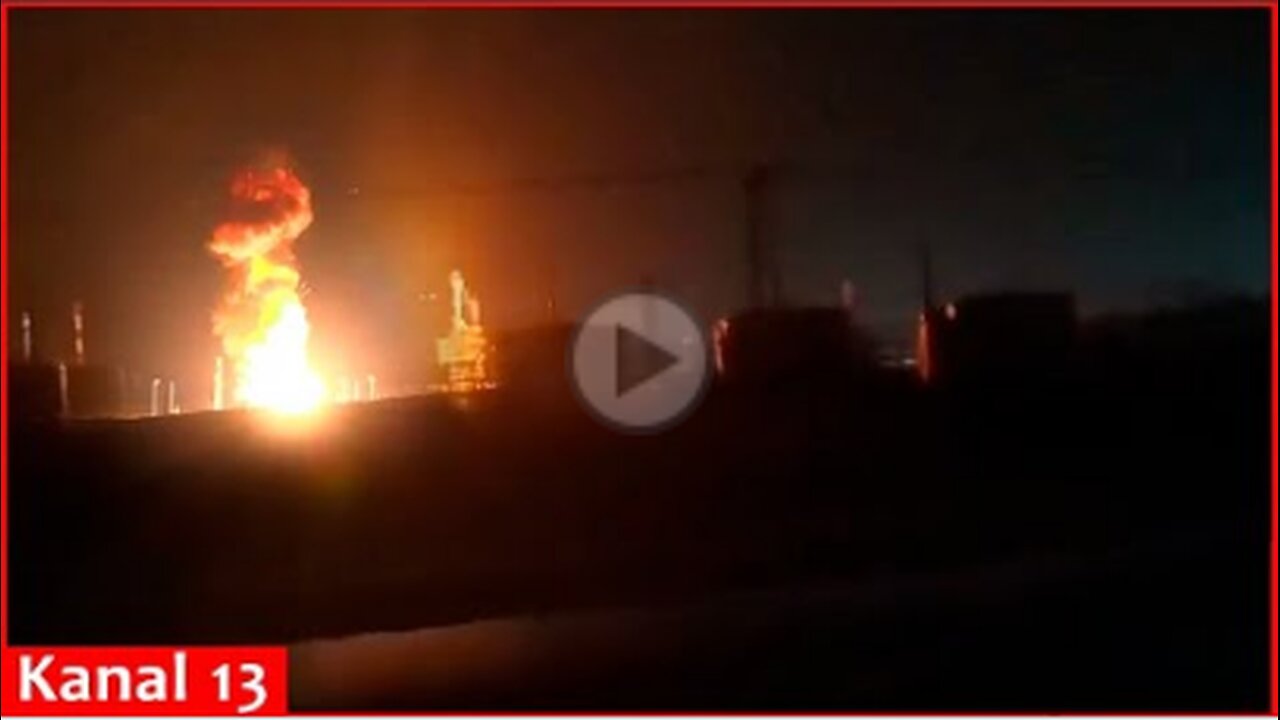 Ukrainian drones hit another oil refinery in Russia at night - Footage of fire in the area