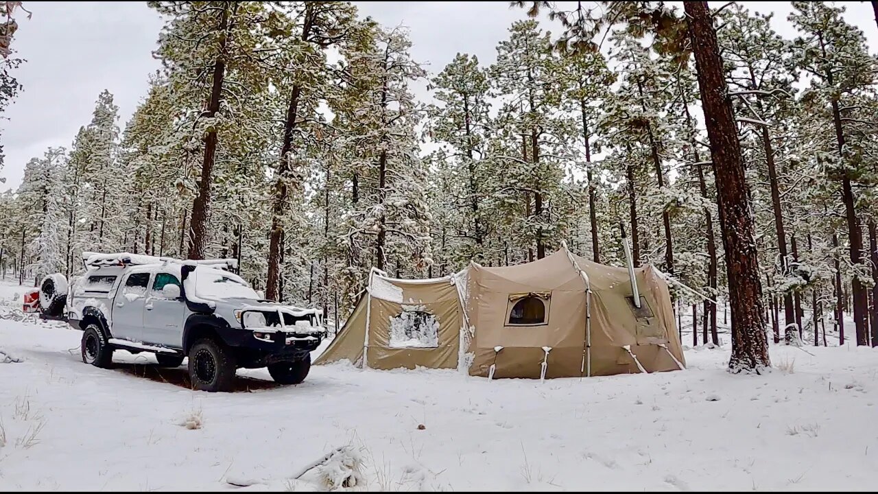 Living in a Tent w/ Wood Stove: Day 1 of a 7 Day Snowstorm, I Brought Winter With Me To Arizona!