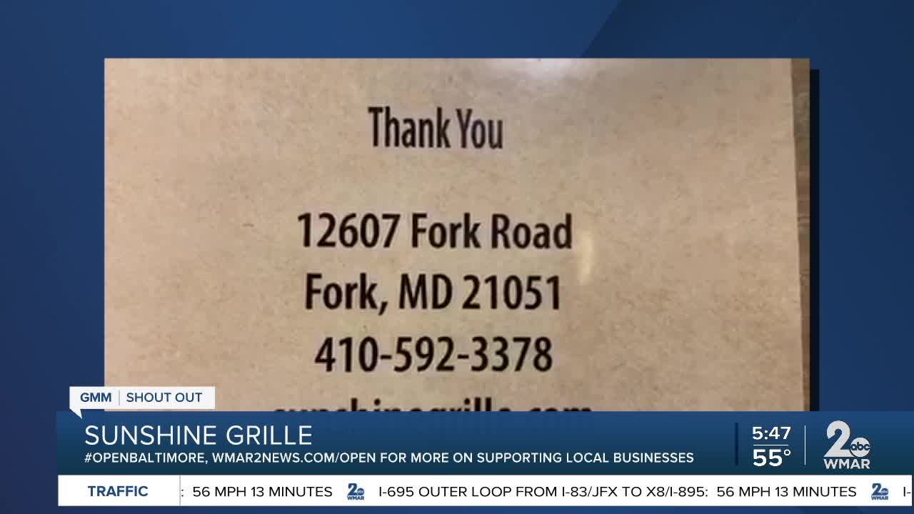 Sunshine Grille says "We're Open Baltimore!"