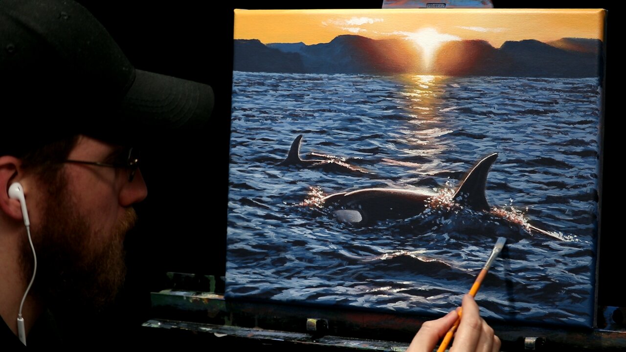 Acrylic Wildlife Painting of Ocean and Orcas (Killer Whale) - Time-lapse - Artist Timothy Stanford