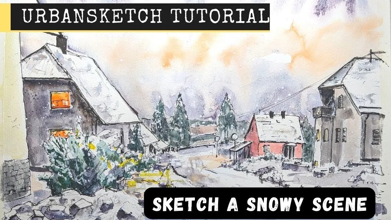 Watercolour Winter Scene - Urban Sketch Snowy Landscapes