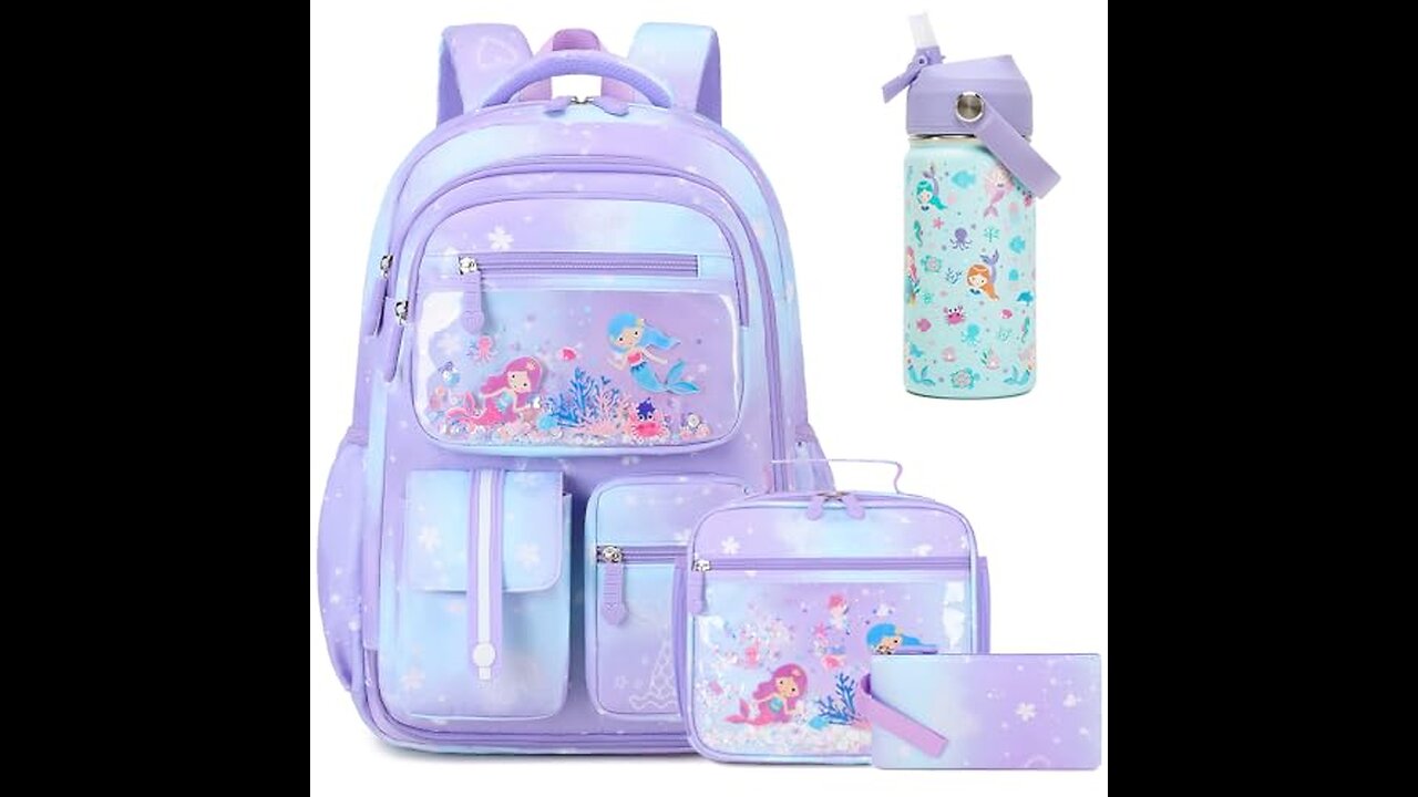 Kids School Backpack for Girls, Kids Water Bottle, Lunch Bag Set for Girls Kids