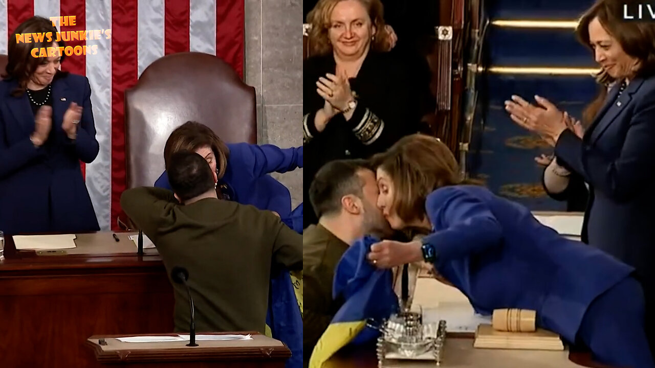 Kamala & Pelosi play with a mic while waiting for Zelensky, Pelosi blows a kiss, kisses his hand and pulls him in for a kiss.
