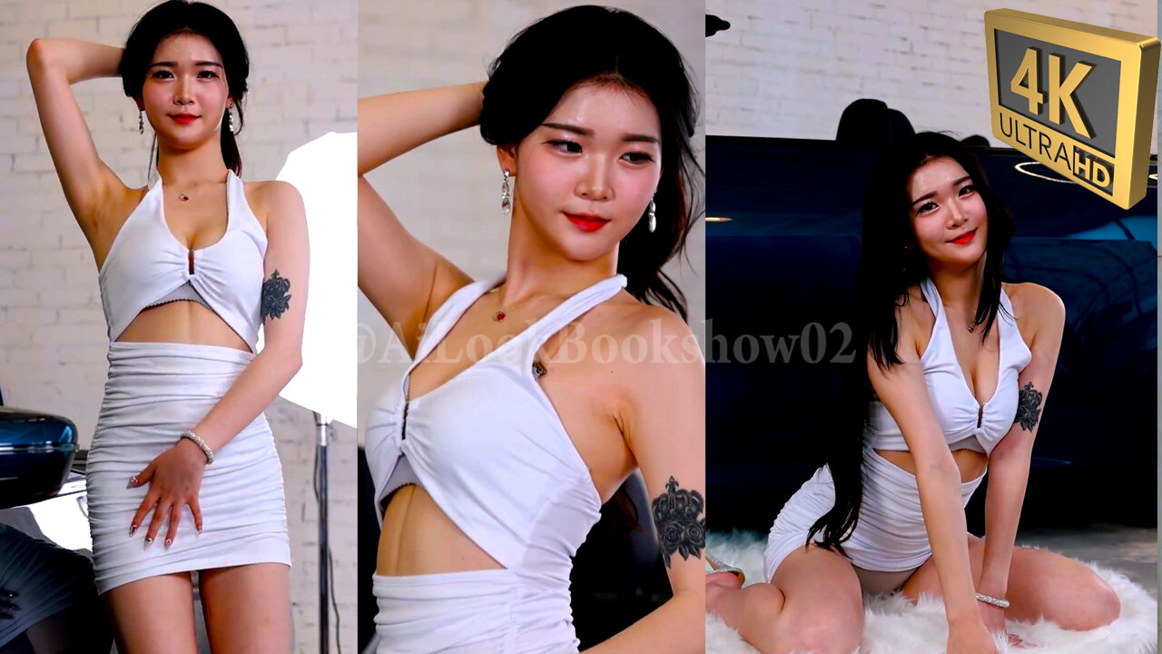 4k, GIRLCRUS Hayun, white dress, UMC MotorShow10thTOPTOON X GIRLCRUSH, 걸크러쉬 하윤-@AiLookBookshow02