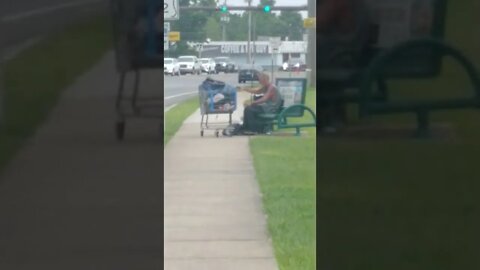 May 23, 2022 #homeless #gangstalker blocking the sidewalk. He donated his soul to Satan for free!