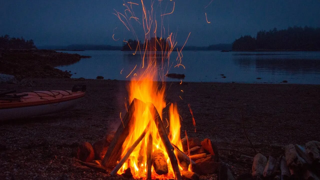 Campfire on the Beach with the Sound of Relaxing Ocean Waves and Crackling Burning Firewood