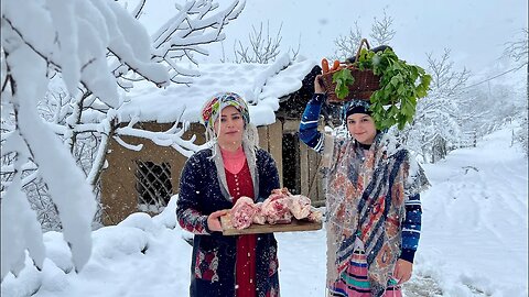 Snowy Day & Cooking Lamb Muscle and Neck Stew! Cutting Firewood with Chainsaw