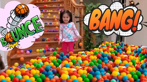 SURPRISE GIANT BALL PIT FUN WITH MAYA | Colorful balls bouncing down the stairs!