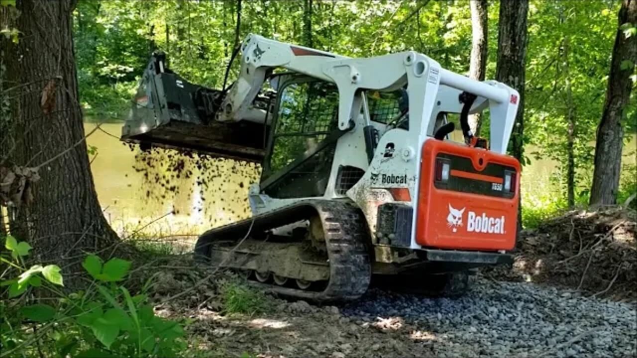 Finishing Private gravel boat ramp with 3" stone, Illinois land & Bobcat T650 CTL/MTL