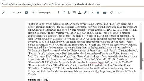 Death of Charles Manson's mother and his connection to Jesus (added info. to old decode) #gematria