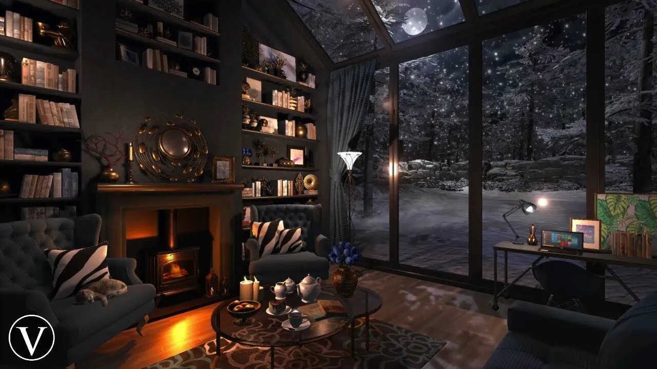 Winter Reading Room | Night Ambience | Wood Stove Fireplace, Wind, Snow & Blizzard Sounds