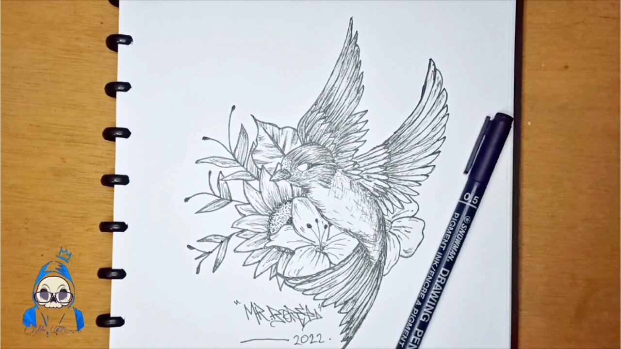 HOW TO DRAW A REALISTIC BIRD WITH FLOWERS (POINTILLISM DRAWING TECHNIQUE)