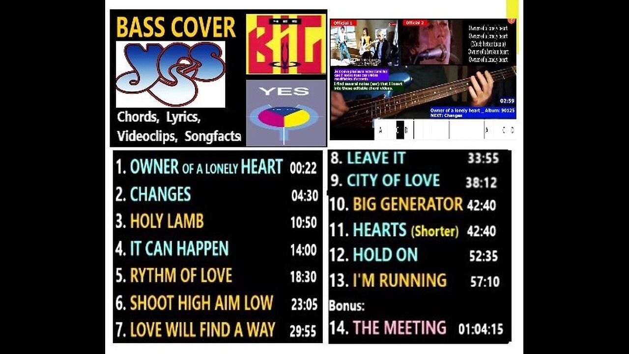 Bass cover (NEW) YES 2 albums+ _ Chords real-time, Lyrics, Videoclips, Songfacts