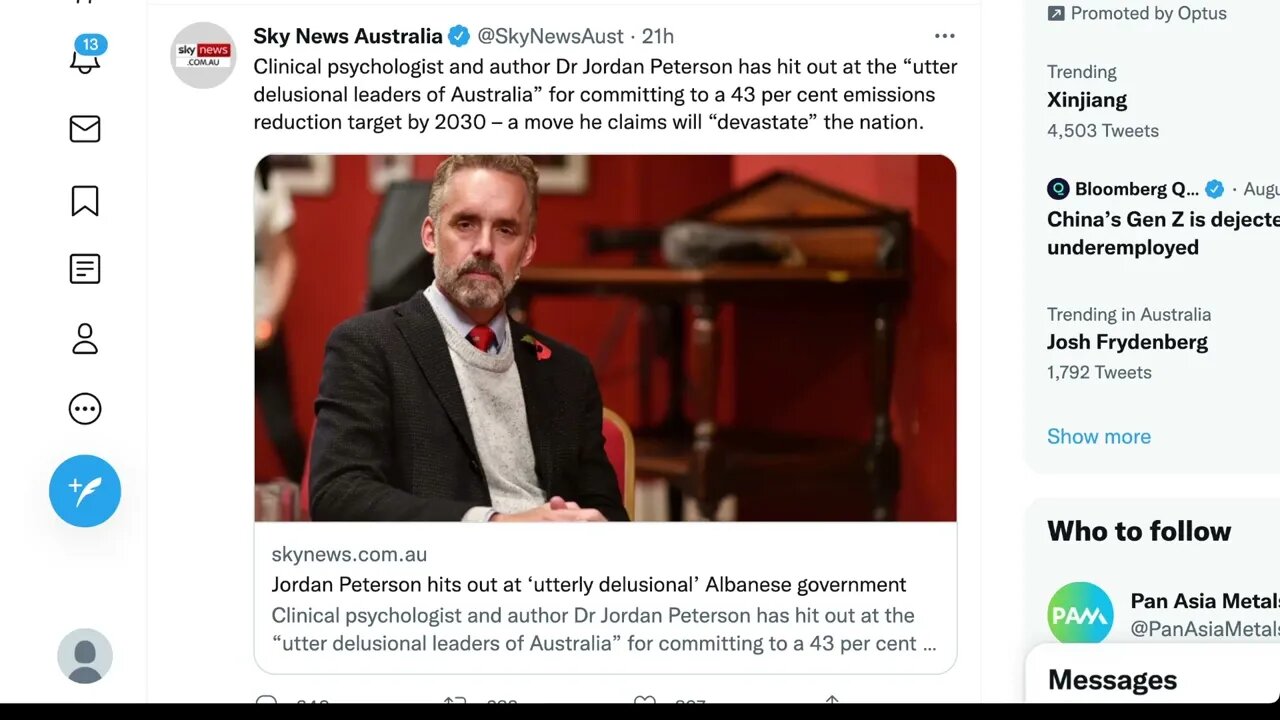 天空新聞：臨床心理學家和作家喬丹·彼得森博士抨擊“澳大利亞完全妄想的領導人”承諾到 2030 年實現 43% 的減排目標