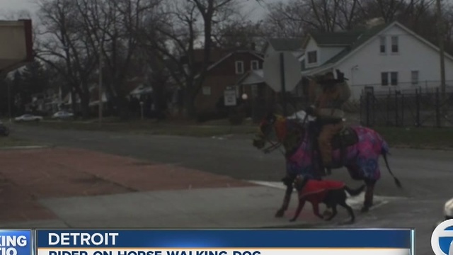 Photo shows man on horse walking dog in Detroit