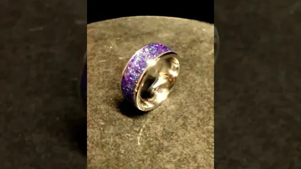 Purple Galactic Stardust Ring On Stainless Steel Flat Edge - www.TwinFlameRings.com