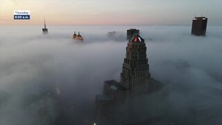 Drone video shows foggy morning in Downtown Buffalo