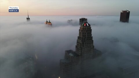 Drone video shows foggy morning in Downtown Buffalo