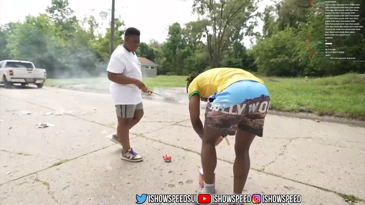 Speed jumps over firework while it