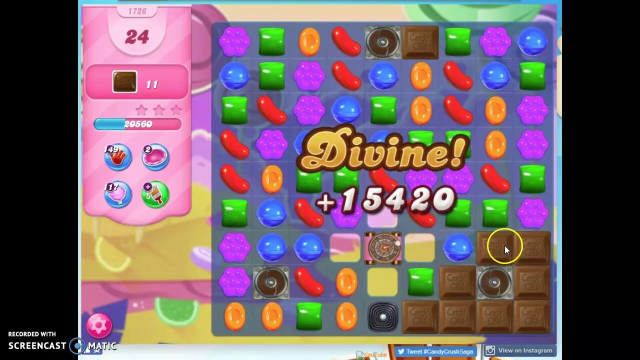Candy Crush Level 1726 Audio Talkthrough, 2 Stars 0 Boosters