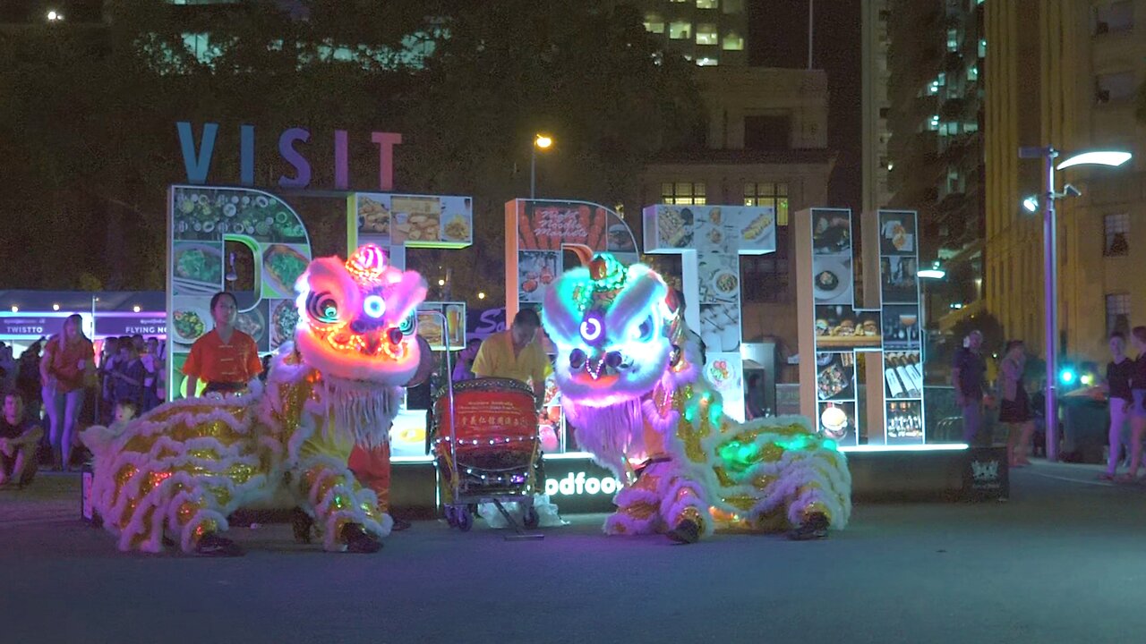 Lion Dance LED Happy Chinese New Year of Rat CNY Night Noodle Market Perth Australia