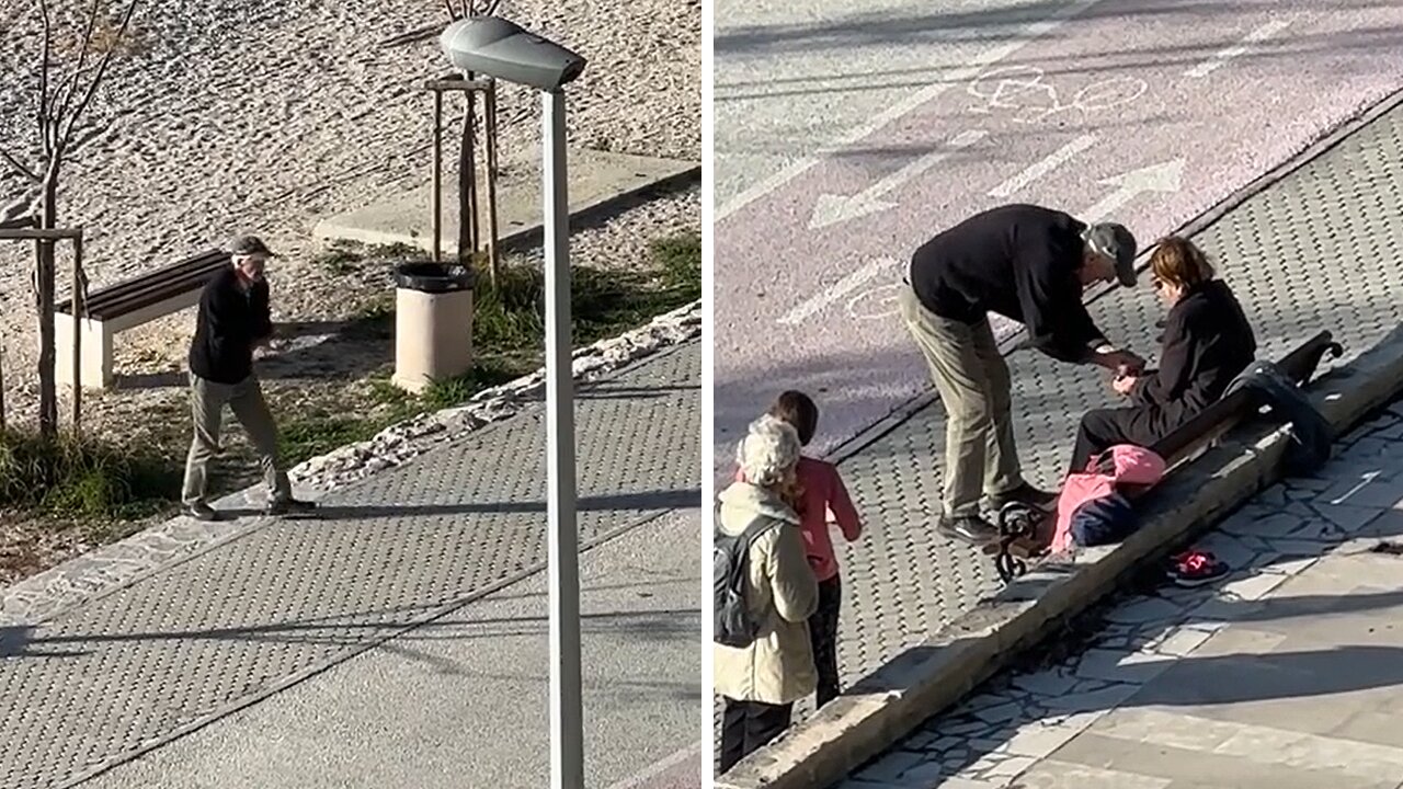 Elderly man carries seawater for his wife as a gesture of love