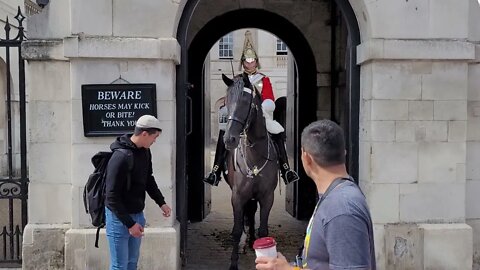 The Queen's Guard Shouts Get your hands off tourist pulls on Reins #horseguardsparade