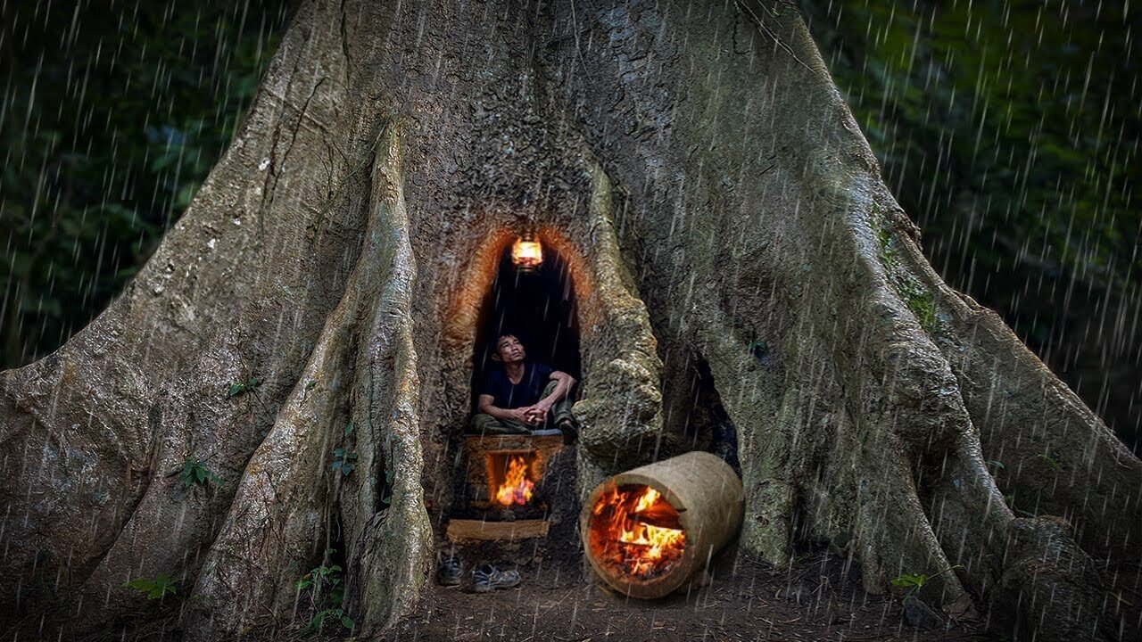 Shelter Survival In The Trunk, Underfloor Heating, Clay Fireplace, Traps and Cook