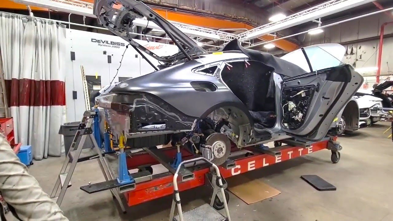 2020 Mercedes-AMG GT 4d gets a Quarter panel replacement on Celette bench.