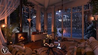 Live 24/7 - Winter Lake House | Night Ambience | Log Burner Fireplace, Snowstorm & Blizzard Sounds