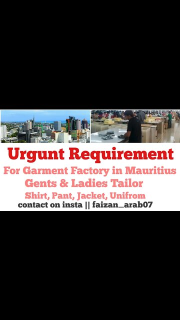 Job Urgunt Requirement For Garment Factory in Mauritius Country Ladies Gents Tailor | FC Enterprise